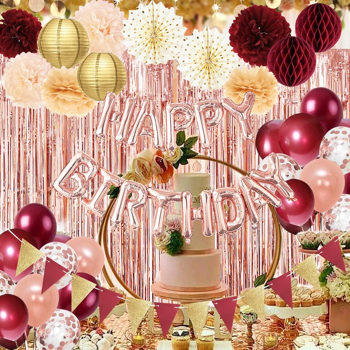 Women's Birthday Decorations Burgundy Rose Gold Balloons Burgundy Rose Gold Balloons Women's 30th/40th/50th/60th/70th Birthday Rose Gold Curtains Burgundy Rose Gold Fall Birthday Party Decorations