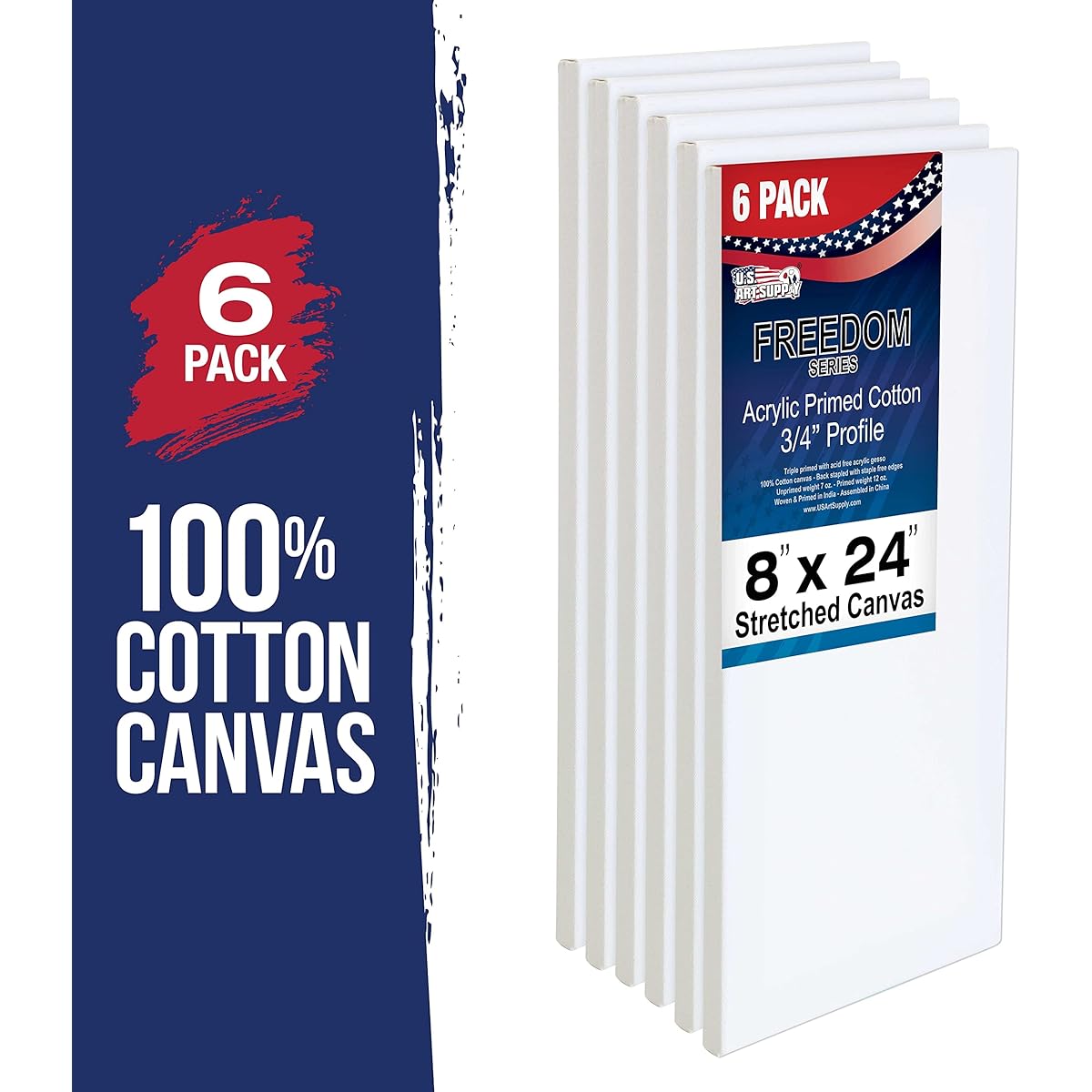 U.S. Art Supply 8 x 24 Inch Stretched Canvas 12oz Triple Prime 6 Pack Professional Artist Quality White Blank 3/4 Inch Profile 100% Cotton Heavy Weight Gesso - Acrylic Infused Oil Painting