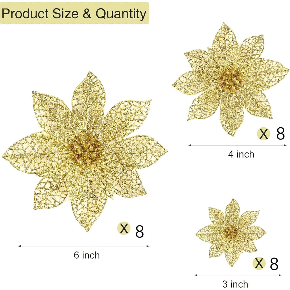 Wironlst 36 Pieces 3 Sizes Sparkly Poinsettia Flowers Christmas Tree Ornaments Sparkly Poinsettia Bush Christmas Decorations for Christmas/Holiday/Seasonal/Wedding (Gold)