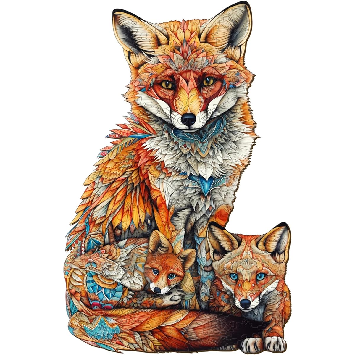 Jigfoxy Fox Family Wooden Puzzle for Adults, Unique Animal Shape Wooden Jigsaw Puzzle, Gifts for Adults, Challenging Jigsaw Puzzle M-12.8x8.3 Inch-190 Pieces