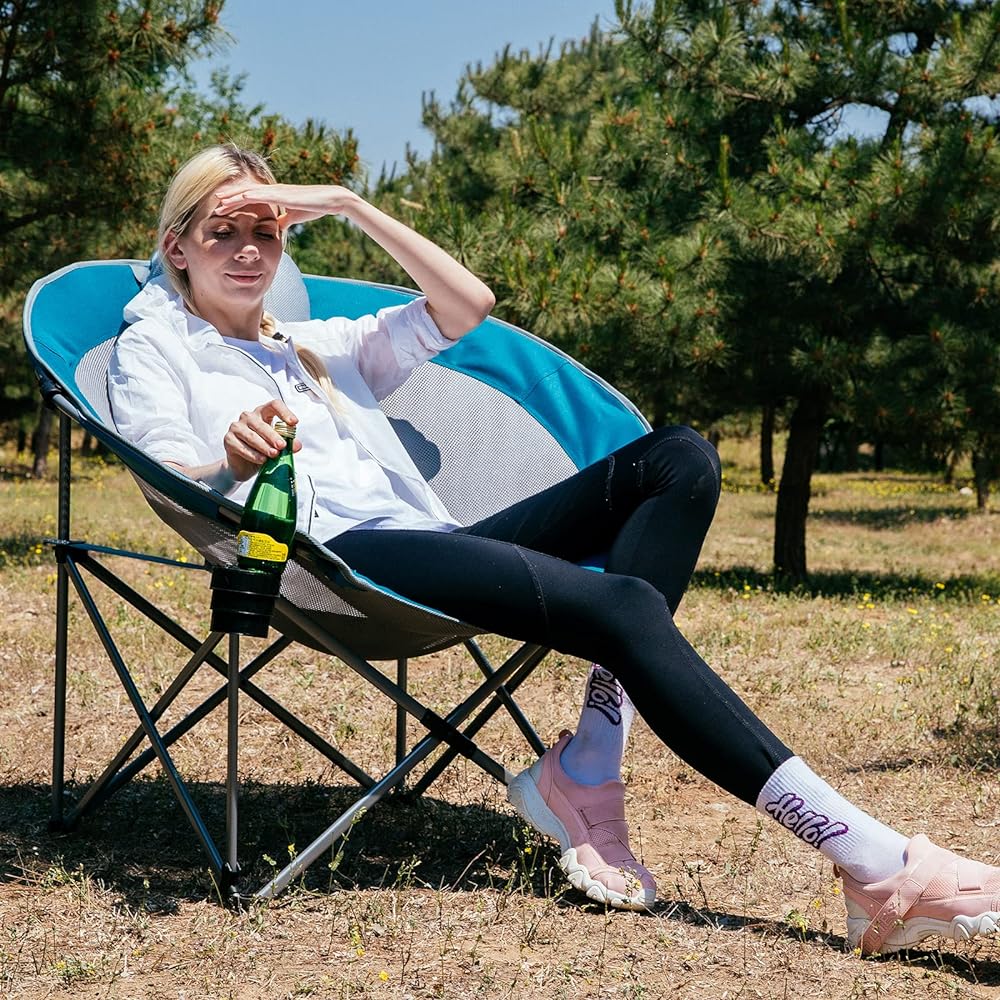 FUNDANGO Outdoor Chair, Foldable, Compact, Camping Chair, 5 Second Instant Storage, Lounge Chair, Moon Chair, Load Capacity 136kg, Climbing, Fishing, Sunbathing, Sea, Storage Bag Included, Blue
