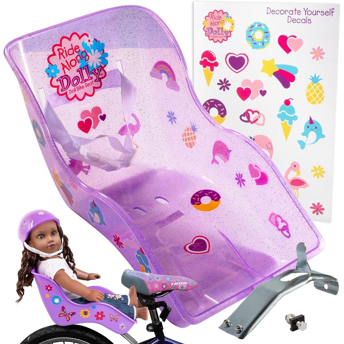 SCS Direct Ride Along Dolly Doll Bike Seat Purple Glitter with Decorate Yourself Decals (Fits American Girl and 18 Inch Dolls and Stuffed Animals)