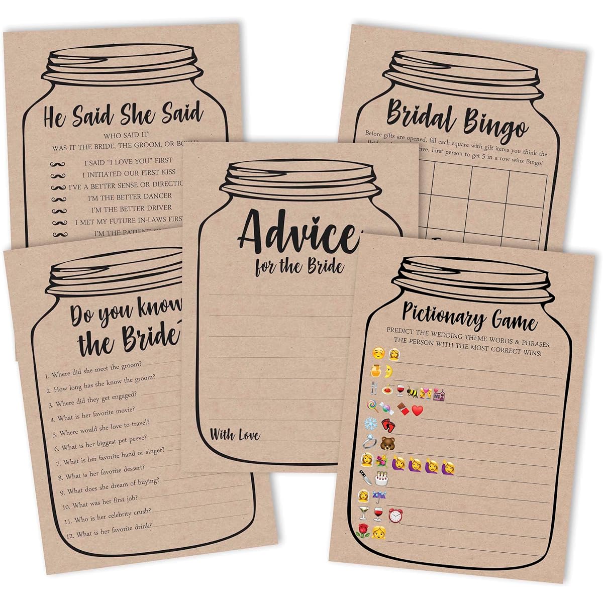Inkdotpot Bachelorette Party Games Set Bundle Of 5 (Activities for 50 Guests) Rustic Kraft Mason Jar Theme Fun Bridal Shower Games Set