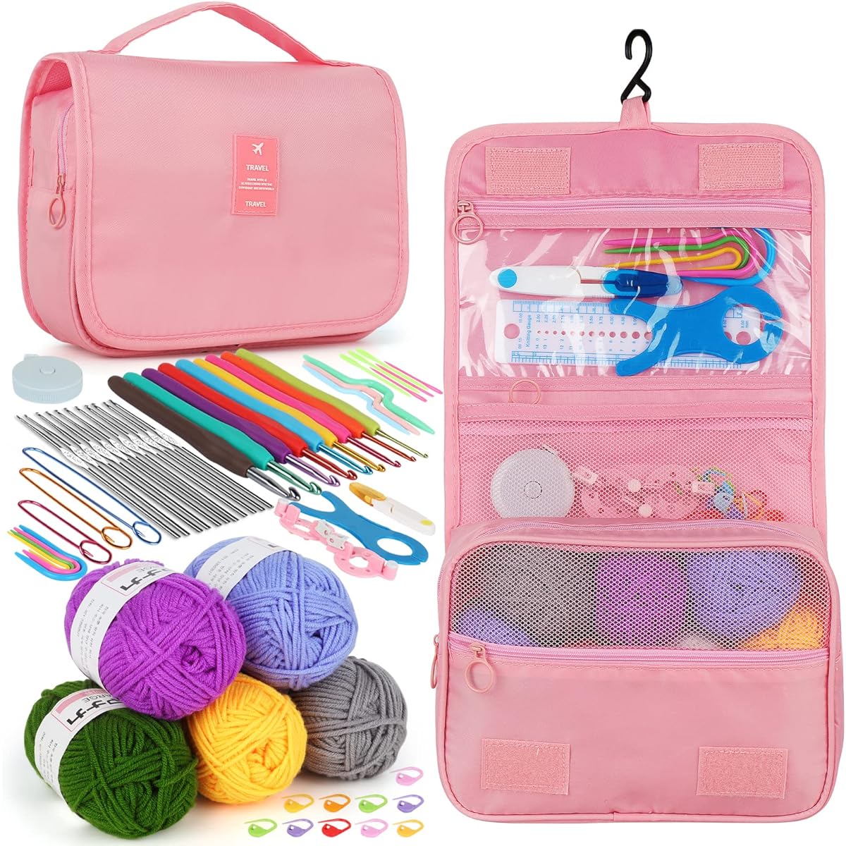 Aeelike Crochet Kit with Yarn, Beginner Crochet Kit for Adults and Kids, Rubber Soft Grip Crochet Hooks, Knitting Supplies, DIY Tools for Crochet Lovers, Starter Kit with Portable Storage Bag, Pink