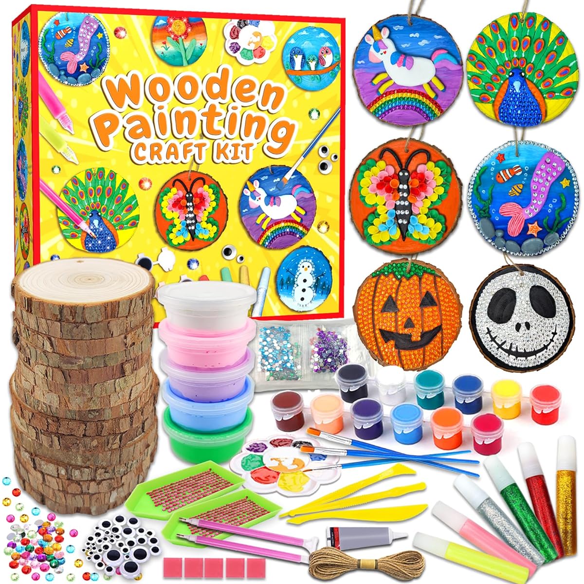 Wakestar Unfinished Wood Slices for Arts & Crafts, Glow in the Dark Wood Painting Kit for 5-12 Year Olds, Air Dry Clay Craft Toys, Birthday Christmas Gift