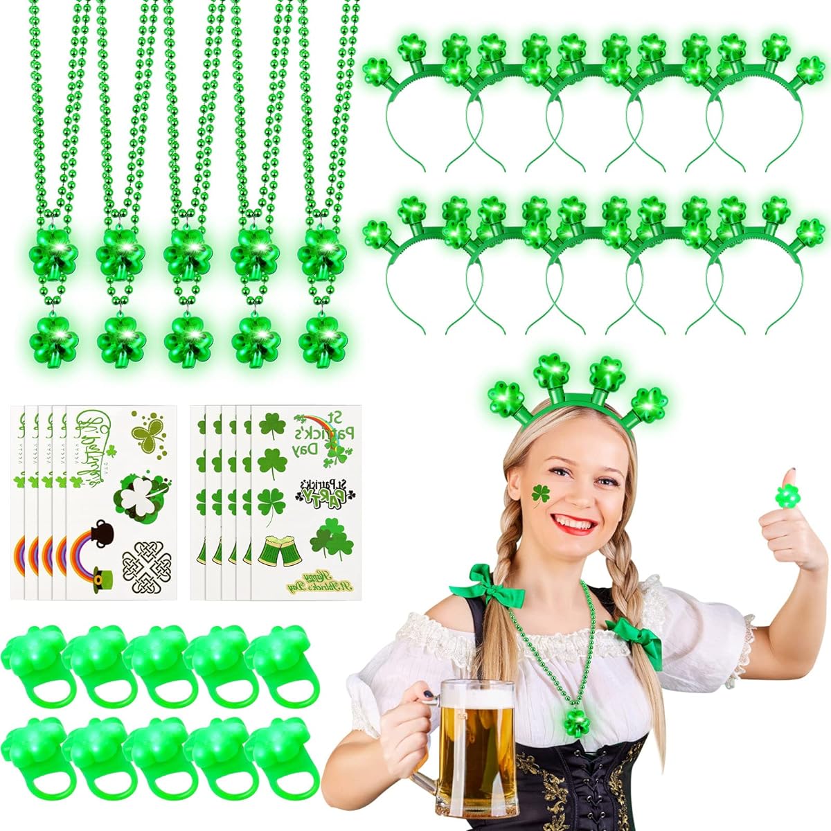 St. Patrick's Day Accessories Set 40 Pieces Green Shamrock Headband LED Glow Necklace Glowing Tattoo Stickers St. Patrick's Irish Day Party Supplies Favors