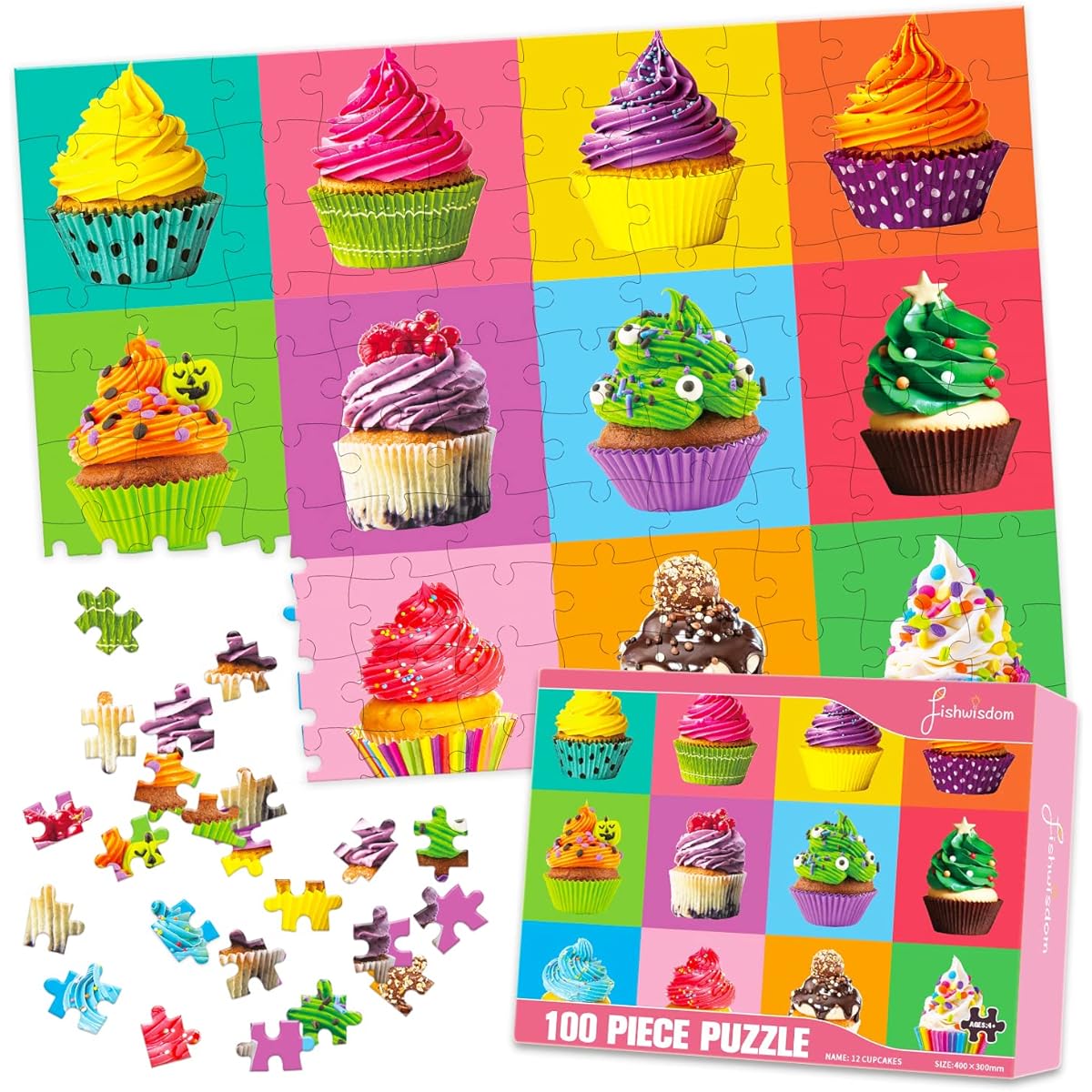 fishwisdom 100 Piece Donuts Jigsaw Puzzle for Kids Teens Ages 4-8 Gift Family Time (Cupcake)
