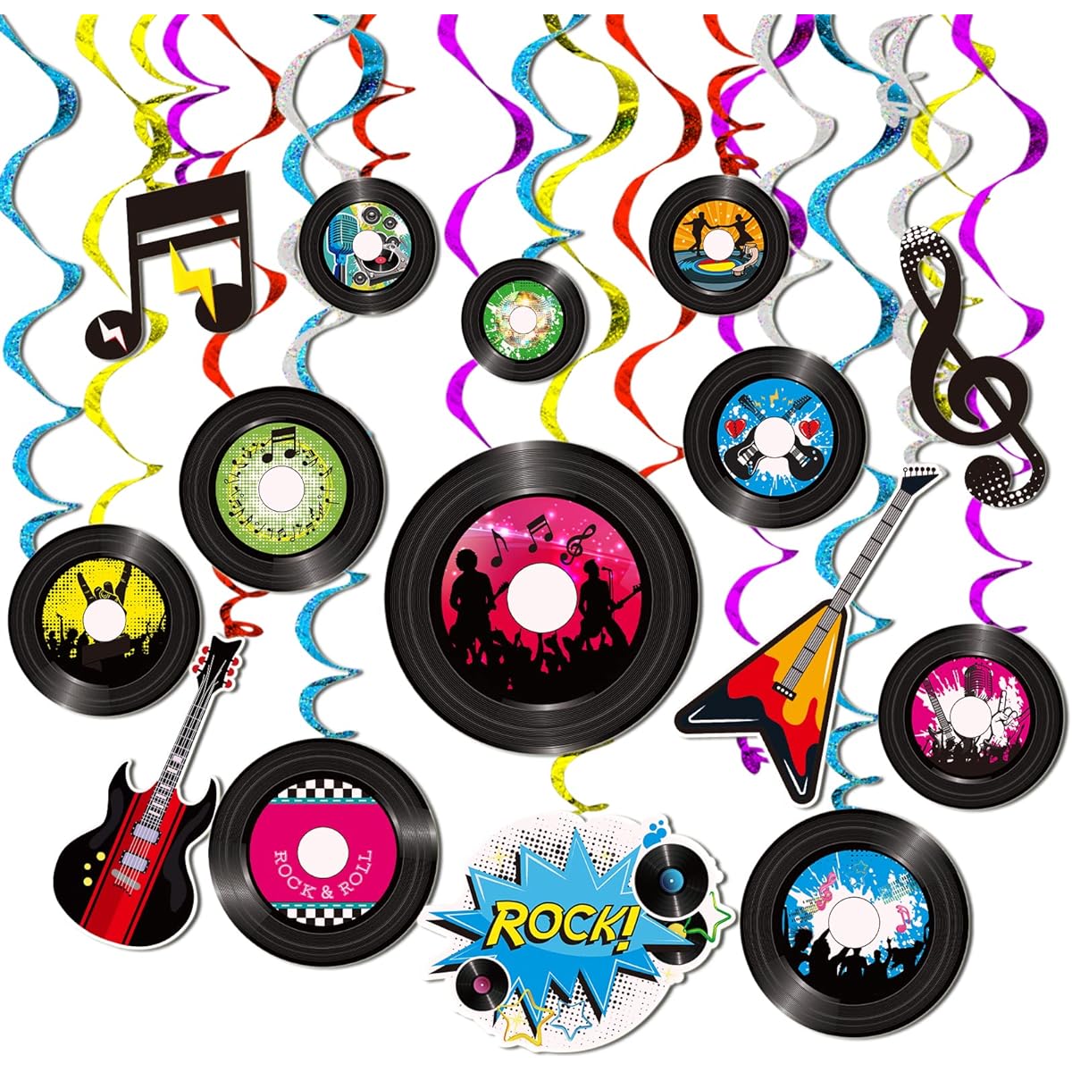 60 Pieces 50s Party Rock n Roll Music Party Decorations Hanging Swirls Music Record Cutouts Hanging Banner Double Sided Ceiling Decor with Streamers Garden Decoration Music Birthday Party Supplies