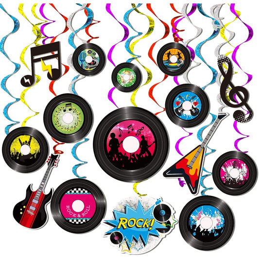 60 Pieces 50s Party Rock n Roll Music Party Decorations Hanging Swirls Music Record Cutouts Hanging Banner Double Sided Ceiling Decor with Streamers Garden Decoration Music Birthday Party Supplies