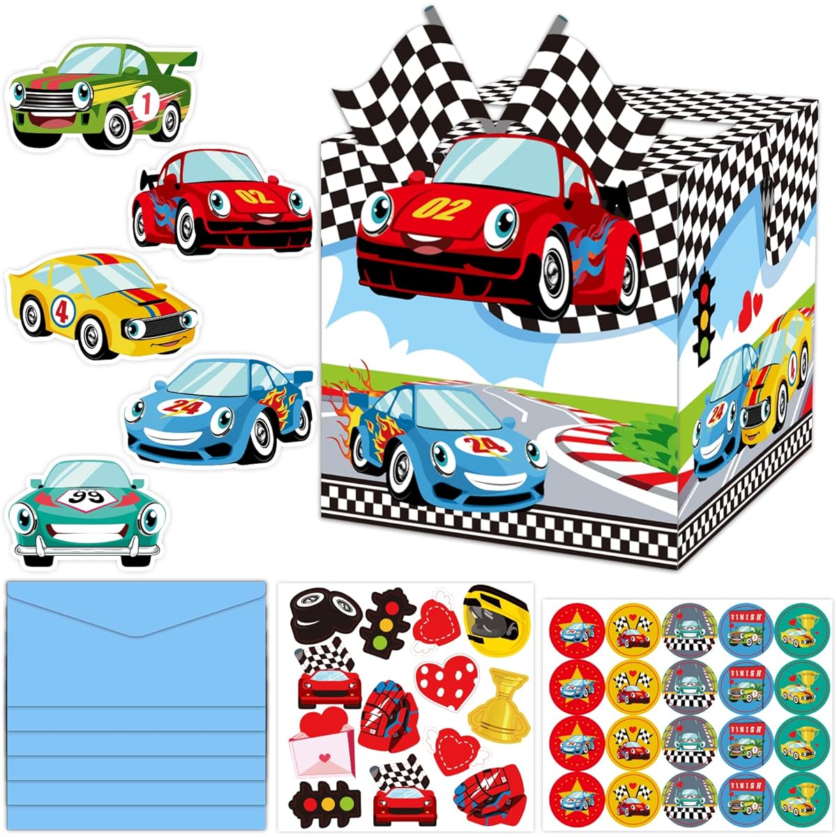 40 Pieces Valentine's Day Card Kit for Kids Mailbox Classroom Replacement Valentine Racing Car Party Favors with Envelope Stickers Fun Activities Decoration for Kids Teacher Classroom Kindergarten Home