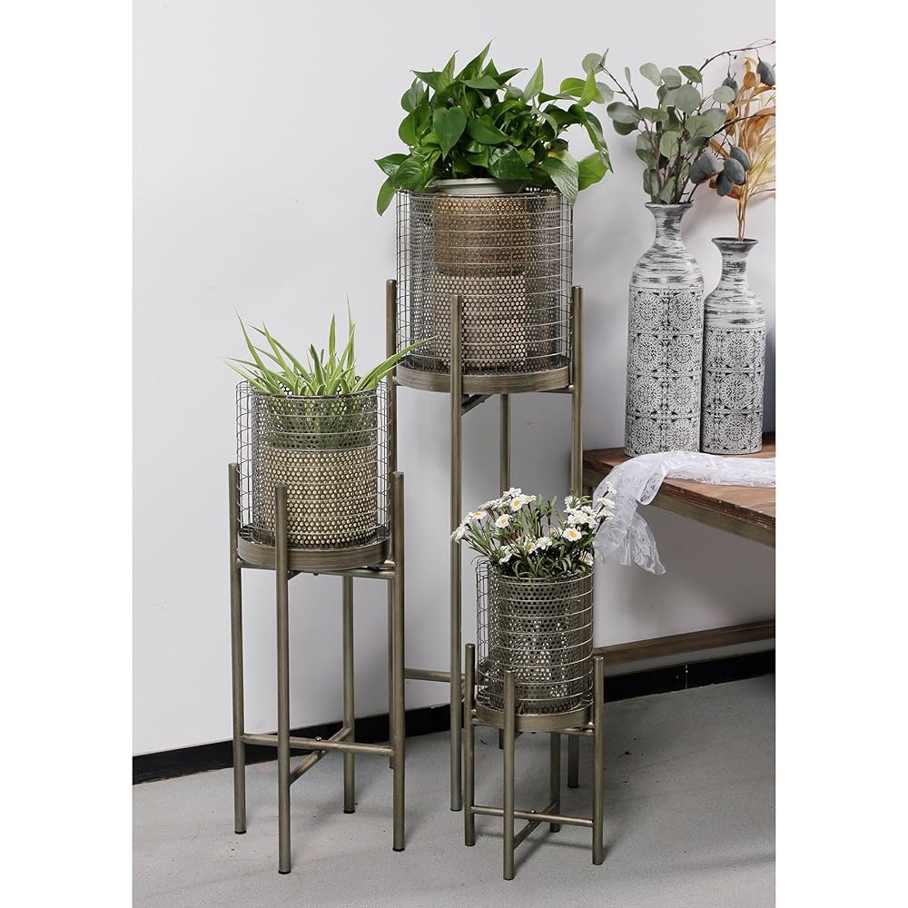 SPICE OF LIFE Pot Cover Contempo Punching Metal Pot with Iron Stand L Size Silver Width 33cm Depth 33cm Height 100cm Foldable JDDT5113