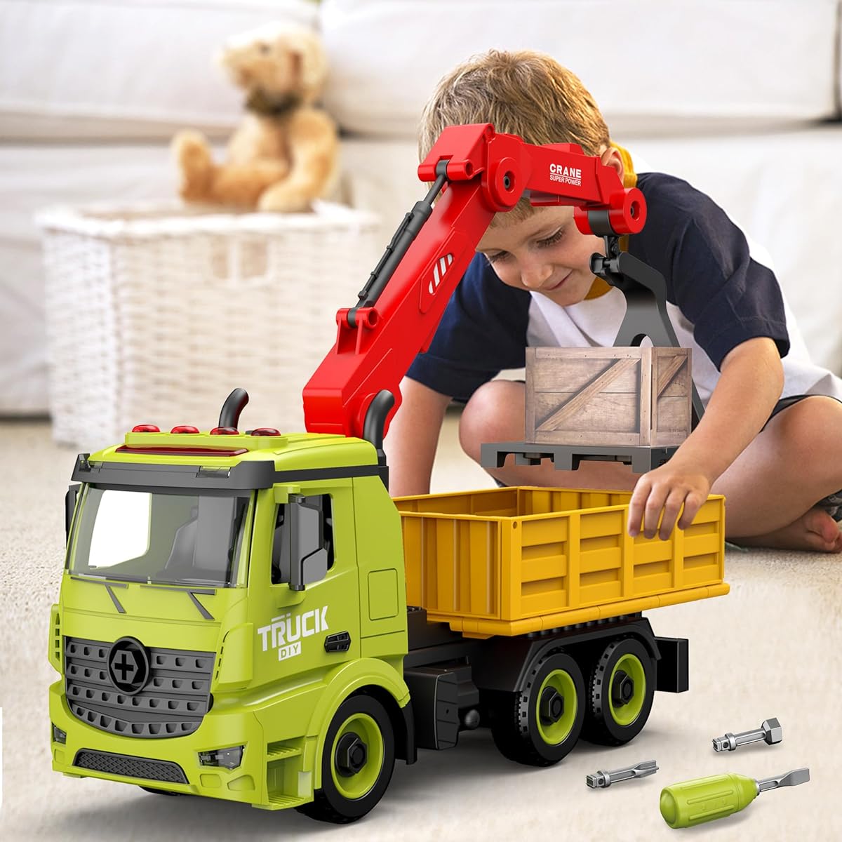 Dwi Dowellin Crane Truck Toy, Construction Car Toys Carrier Vehicle Toys for Kids Transport Toy Car Build with Lights & Sounds Gift for 4-12 Year Old Boys.