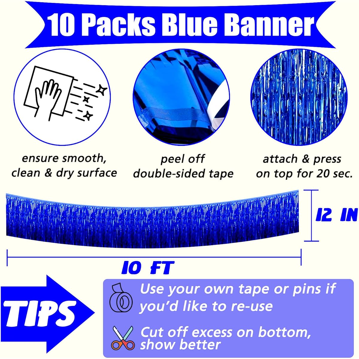 10ft Foil Fringe Garland Metallic Tassel Banner Wall Hanging Tinsel Streamer Backdrop for Parade Floats (Blue)