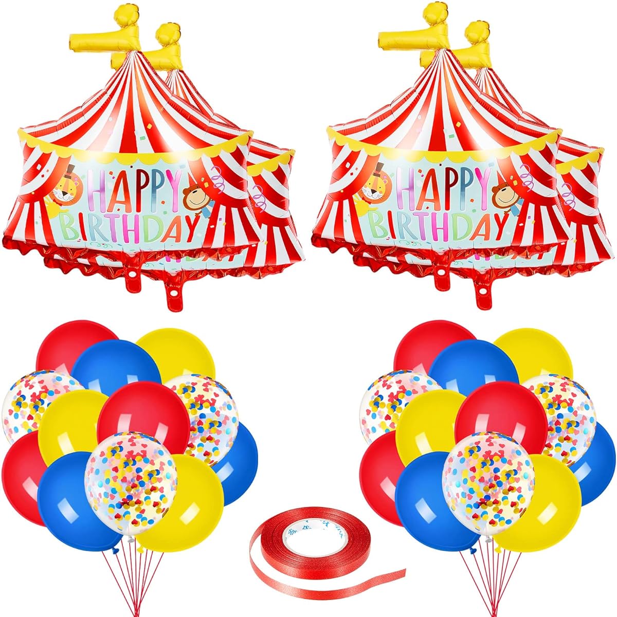 Circus Foil Balloons Large Happy Birthday Carnival Tent Balloons 2pcs Popcorn Balloons Circus Carnival Latex Balloons 6pcs Red Yellow Blue Sequins Balloons with Ribbon for Party Decorations