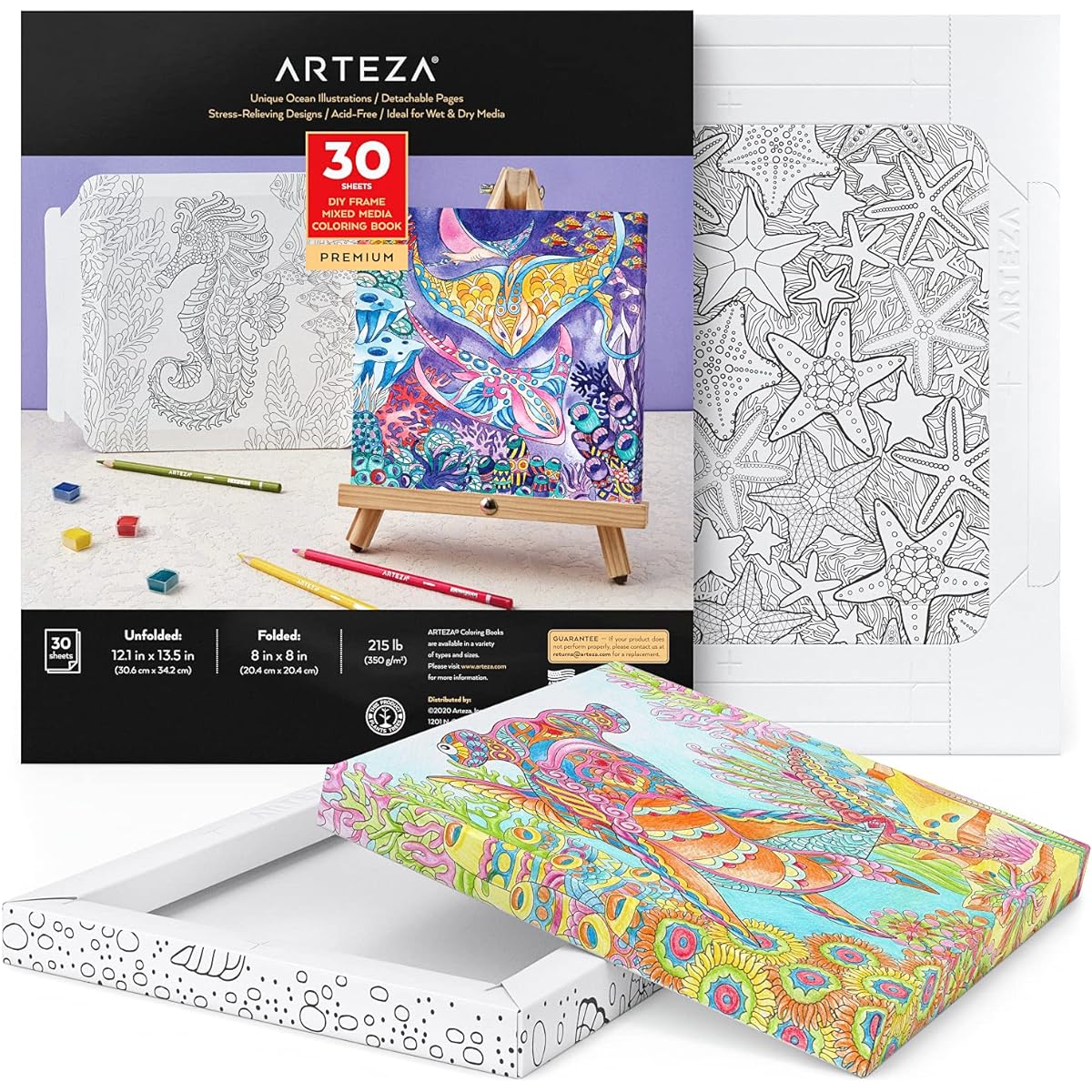 Arteza Adult Coloring Book, 12.1 x 13.5 Inch, 30 Ocean Illustrations, 210lb Paper, DIY Coloring Sheets, Folds into 8x8 Inch Frame, Relaxing, Reflective, Art Supplies for Crafts