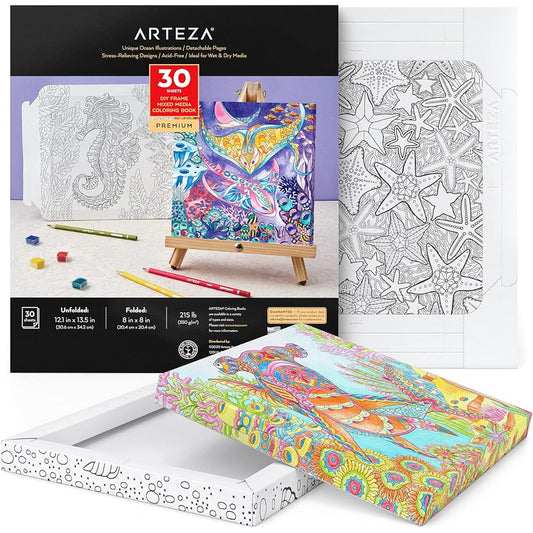 Arteza Adult Coloring Book, 12.1 x 13.5 Inch, 30 Ocean Illustrations, 210lb Paper, DIY Coloring Sheets, Folds into 8x8 Inch Frame, Relaxing, Reflective, Art Supplies for Crafts