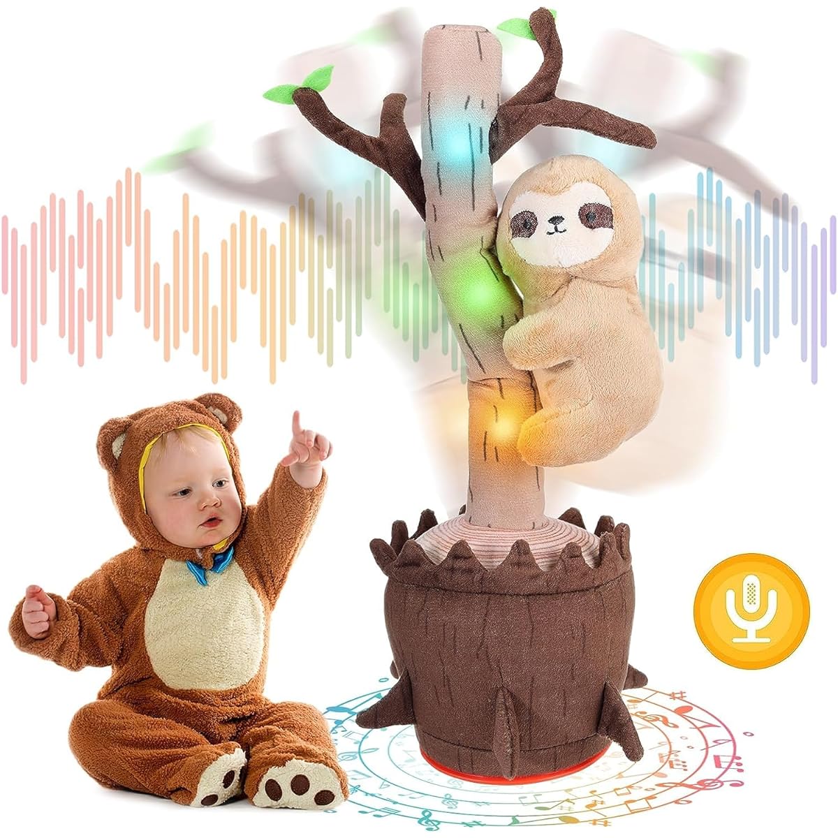Emoin Cute Sloth Stuffed Animal Dancing Cat Baby Toy Plant Tree Repeating Talking Toy Imitates Swinging Song Electric Light Up Interactive Animation Toy Gift for Toddlers