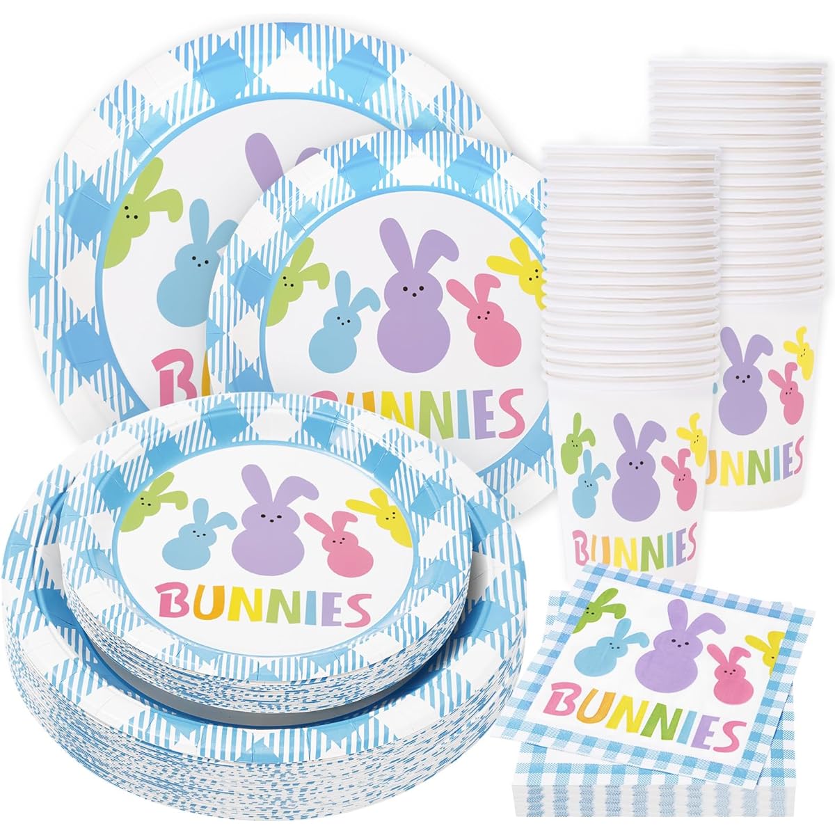 Whaline 125 Piece Easter Tableware Set, Colorful Easter Bunny Disposable Tableware Set, 50 Paper Plates, 50 Napkins, 25 Cups, Easter Holiday Party Supplies Table Decorations