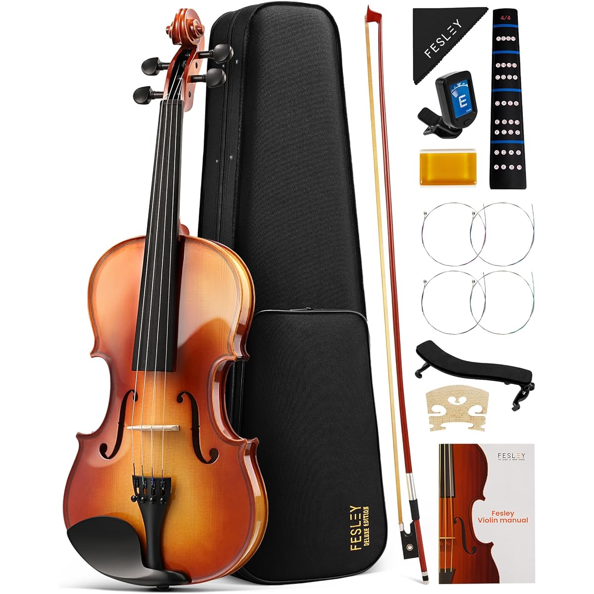 Fesley 4/4 Full Size Violin Set 4/4 Violin for Beginners and Adults with Hard Case, Solid Wood Fiddle with Bow, Rosin Shoulder Rest, Tuner, Extra Violen Strings, Cleaning Cloth, Finger Guide