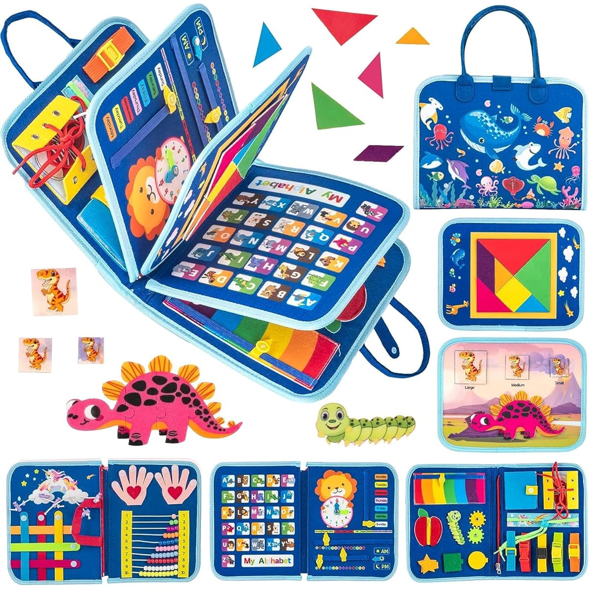 Toddler Busy Board Montessori Toy for 1 2 3 4 Years Old Baby Sensory Board with Buckle Educational Activities for Learning Fine Motor Skills Gift for Girls Boys Airplane Car Travel Book Blue