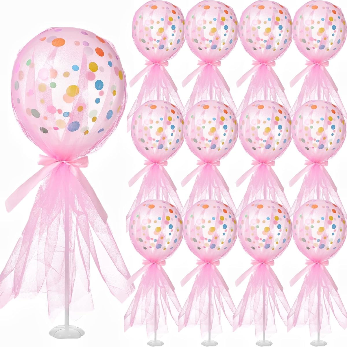 Wettarn 12pcs Pink Polka Dot Balloon Centerpiece Tutu Tulle Balloons with Bow Stick Holder Base Kit for Baby Shower Girls Birthday Party Wedding Table Centerpiece Decorations