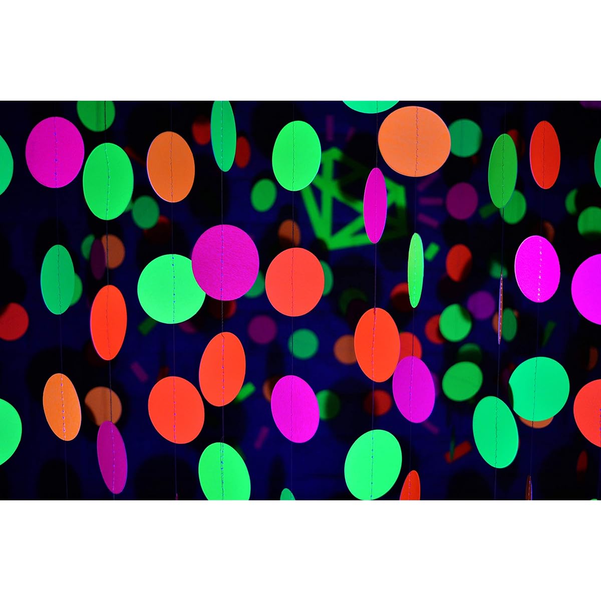 Midnight Glo 72ft Neon Paper Garland Circles Dots Hanging Decorations for Birthday Party Wedding Decorations Black Light Reactive UV Glow Party (6 Pack)