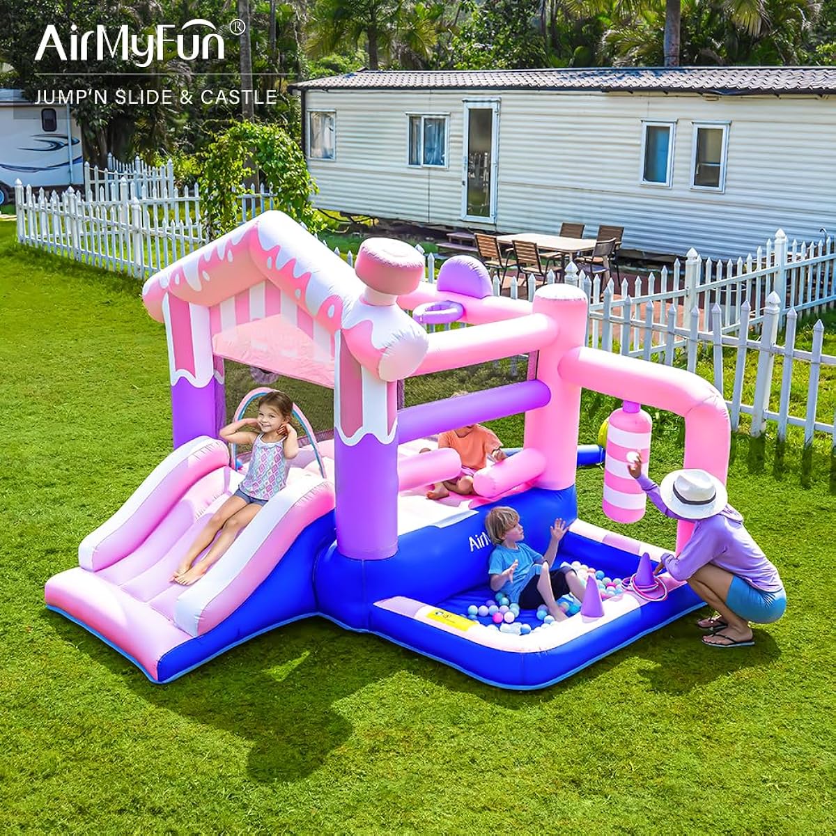 AirMyFun Bounce House Bouncy House with Slide Indoor Outdoor Backyard Playhouse Kids Bounce Castle Jump Ball Pit Basketball Hoop Target Ball