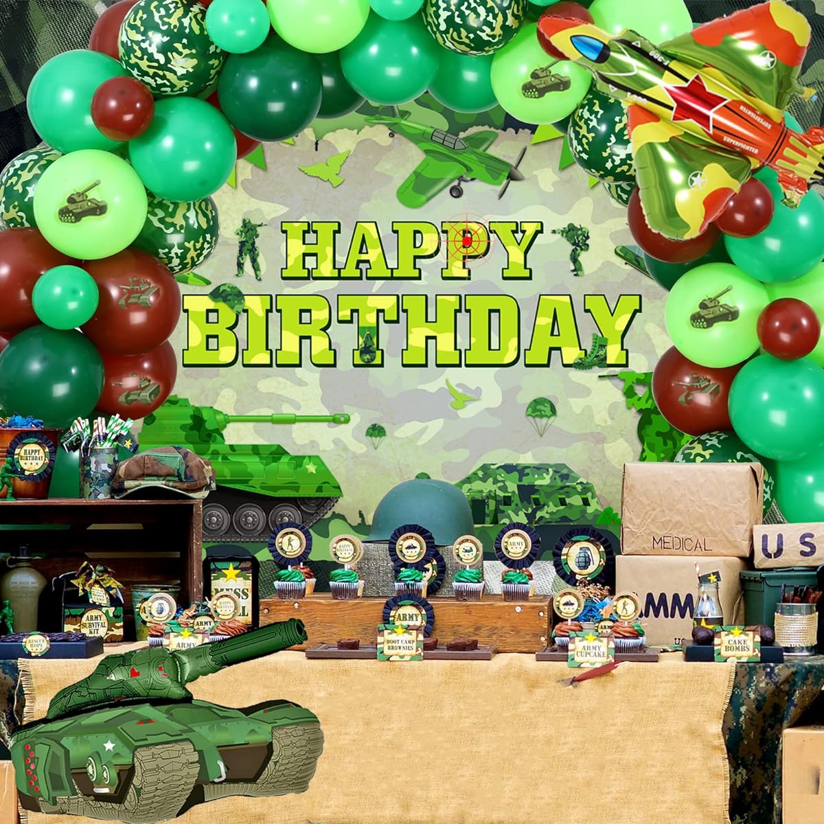 Army Camouflage Birthday Party Decorations, Camouflage Happy Birthday Backdrop, Military Soldier Birthday Party Supplies with Battle Balloons, Tank Balloons for Kids Adults Military Fans Veterans