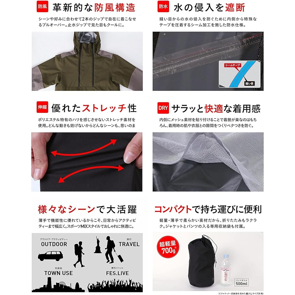 namelessage Rainwear Top and Bottom Set, Water Repellent, Water Pressure Resistance 20,000mm, Pullover Jacket, Storage Bag Included, XS - 4L NASR-115