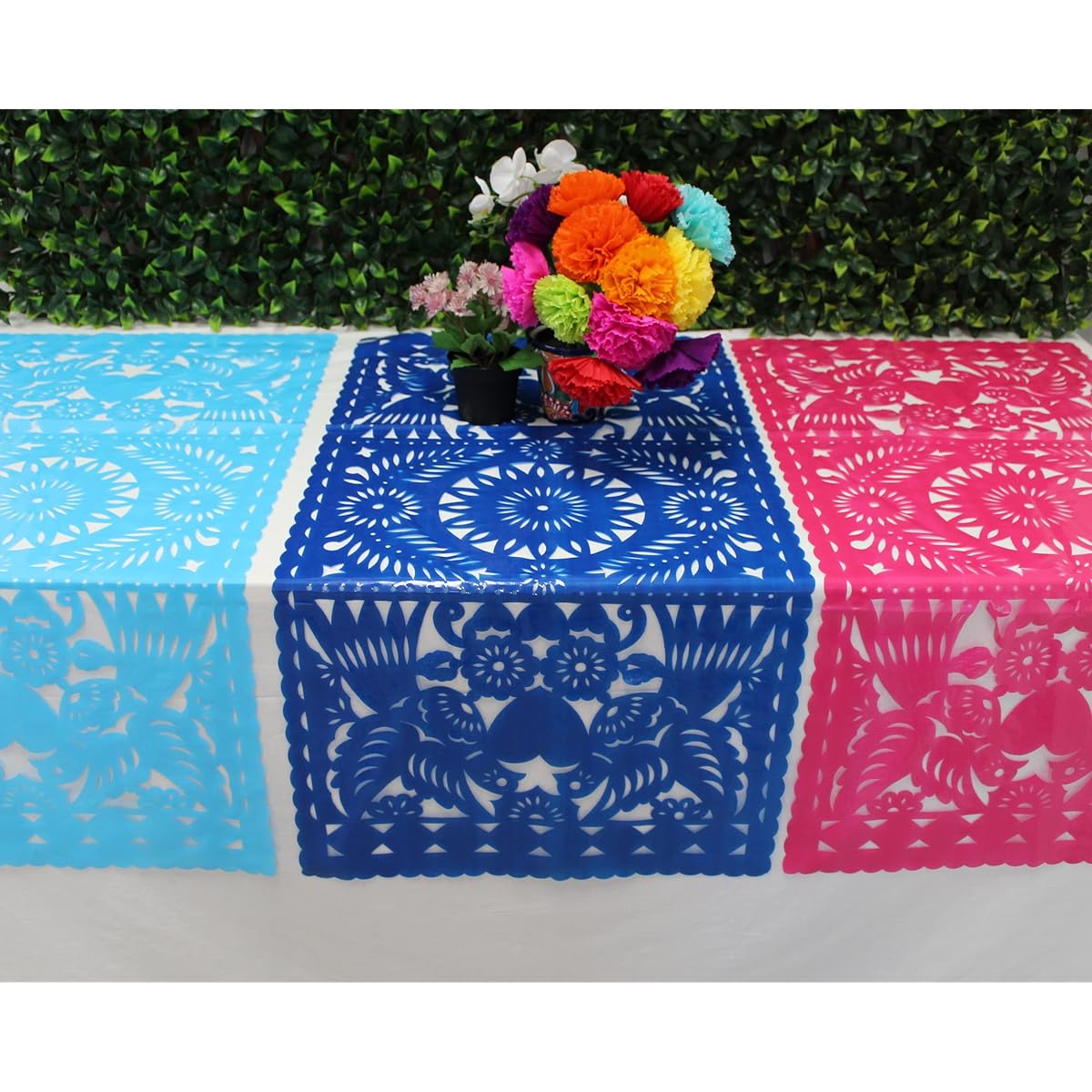 FIESTACONNECT Plastic Papel Picado Table Runner 3 Inch Pink Royal Blue Turquoise