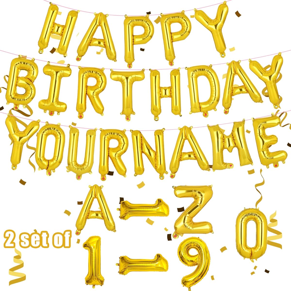 HHLCWA Gold Personalized Happy Birthday Balloons, Happy Birthday Letter Balloons Set of 2 A-Z 1-9 16" Mylar Foil Birthday Party Decorations for Kids Women Men Boys Girls Adults