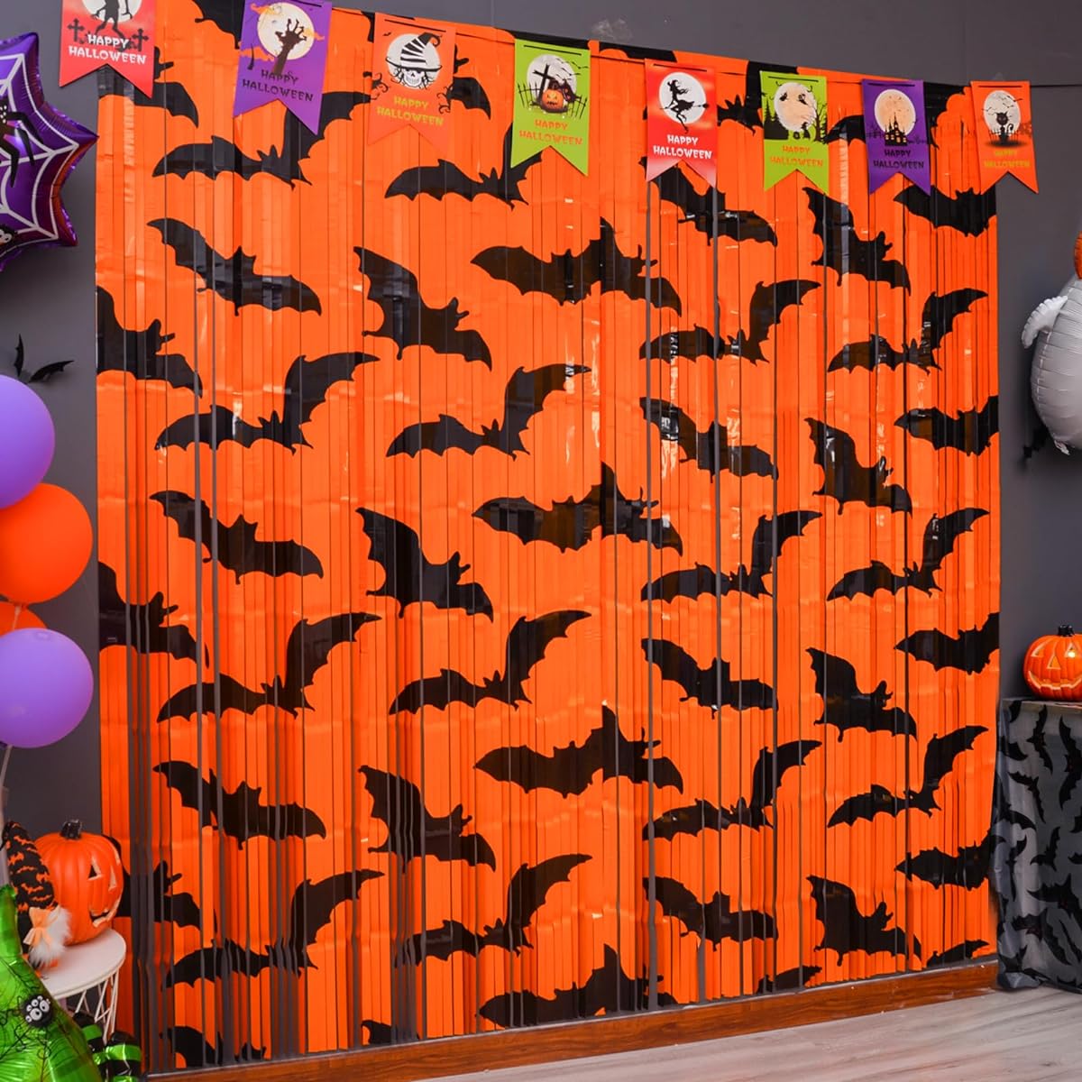 Mega-L Halloween Party Decorations, 2 Pack Black Bat Pattern Orange Backdrop Photo Booth Props 3.3 x 6.5ft Halloween Foil Fringe Curtains Halloween Photo Background Streamers Party Supplies