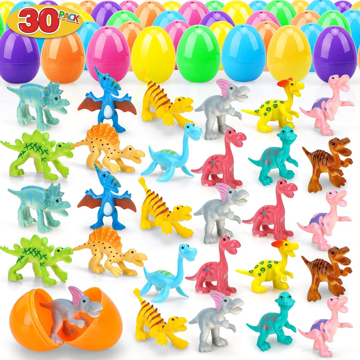 TOY Life 30pcs Easter Eggs for Kids Dinosaur Easter Egg Fillers Easter Party Favors Easter Basket Stuffers Bulk Easter Bag Stuffers Easter Gifts Easter Egg Hunt Toys for Toddlers