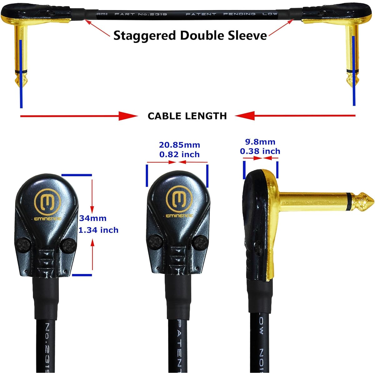 WORLDS BEST CABLES 6 Units - 8" - Pedal Effect Patch Instrument Cable Mogami 2319 Wire and Eminence Gold Plated 1/4" (6.35mm) R/A Pancake Type Connector