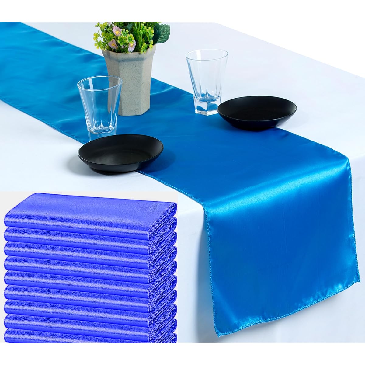 mds 20 Pack Wedding 12 x 108 Inch Satin Table Runners for Wedding Banquet Decorations Baby Blue 20 Blue 20_satin runne_ Blue
