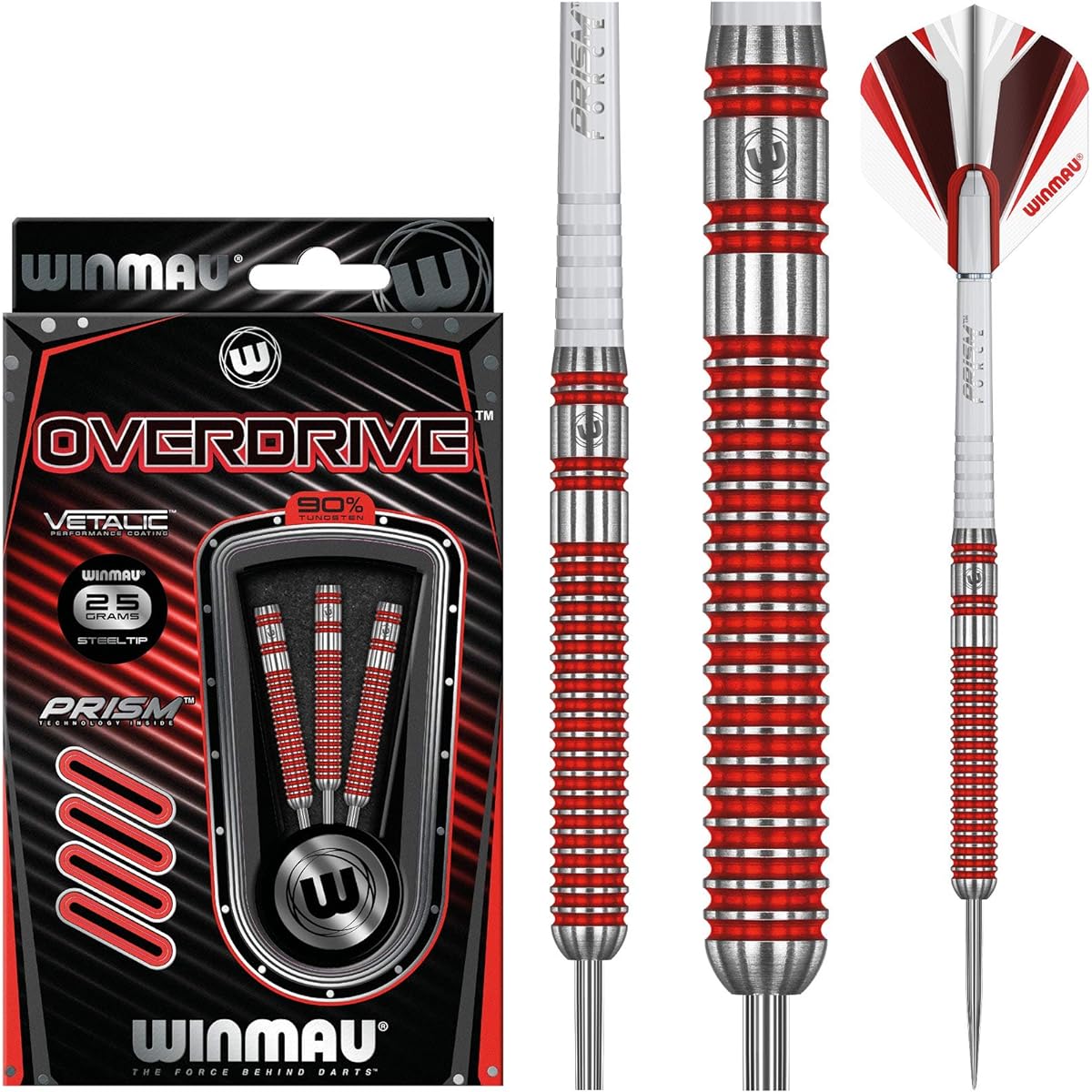 Winmau Overdrive 90% Tungsten Steel Tip Darts Set with Prism Flights and Shafts (Stem)