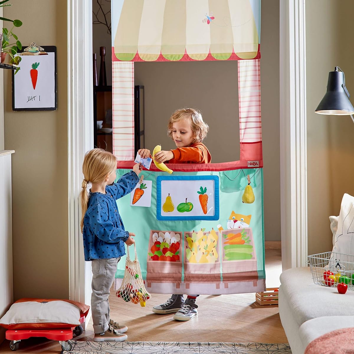 HABA Door Frame Play Store - Space Saving Pretend Play Grocery Store - Fits Most Doorways