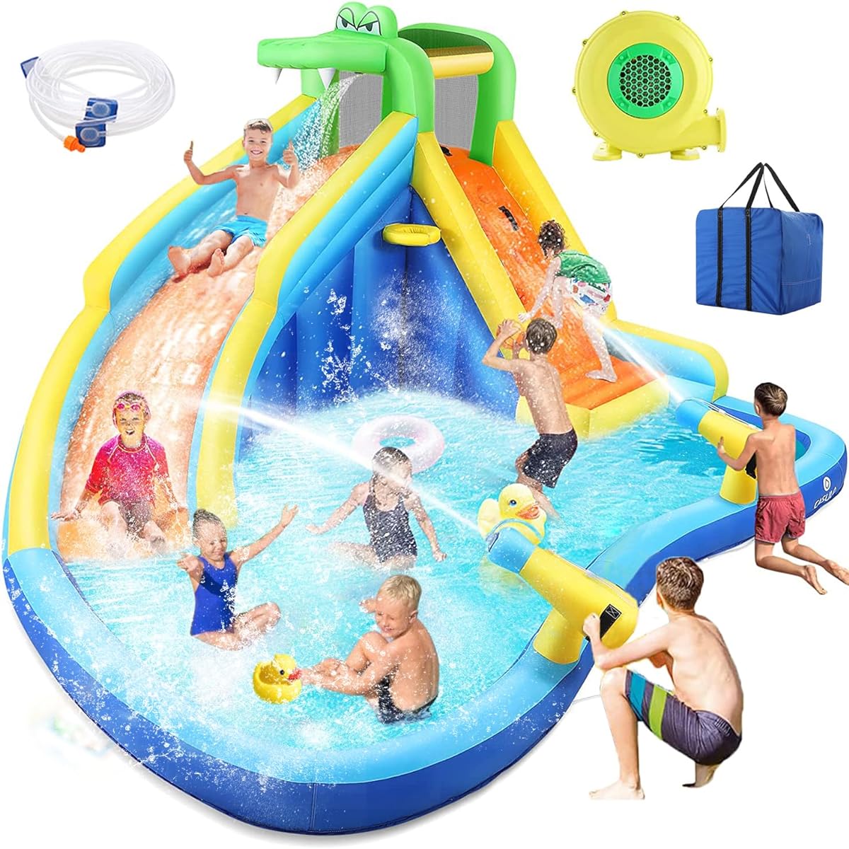 Inflatable Water Slide 7 in 1 Kids Water Slide with Blower Water Bounce House Water Park Kids Backyard Water Slide Splash Pool Water Gun Climbing Wall Bounce Water Slide for Wet & Dry