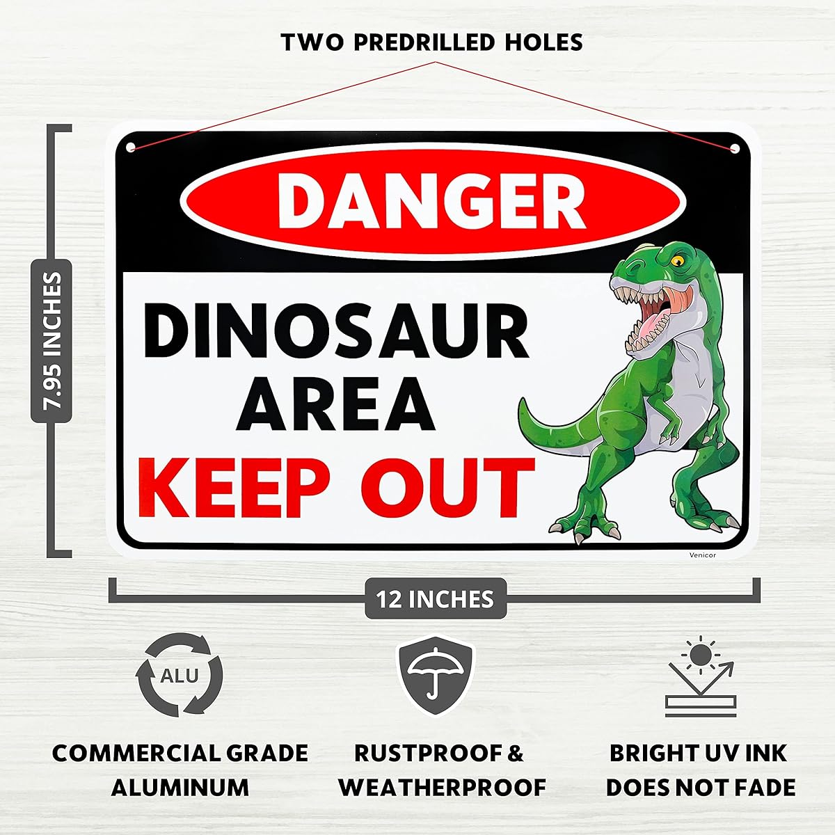 Venicor Dinosaur Sign - 8 x 12 Inch - Aluminum - T Rex - Dinosaur Room Decorations for Boys - Dinosaur Decor for Boys Room - Dinosaur Cross Pictures Wall Art Decor - Dinosaur Stuff Poster