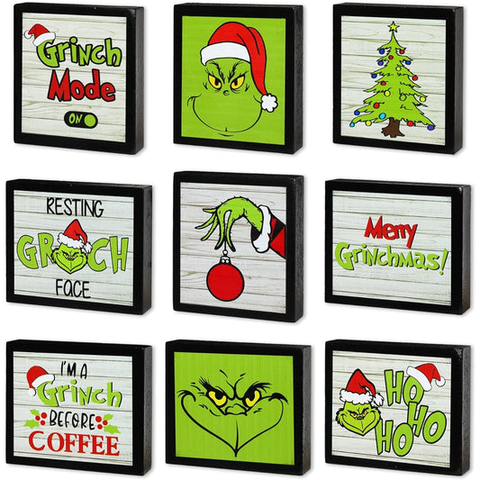 Whaline 9 Pieces Christmas Wood Decorations 3.5 x 3.1 x 0.8 Inch Rustic Merry Christmas Wood Block Signs Wooden Christmas Tiered Tray for Christmas/Birthday/Winter Party/Home Table Decorations