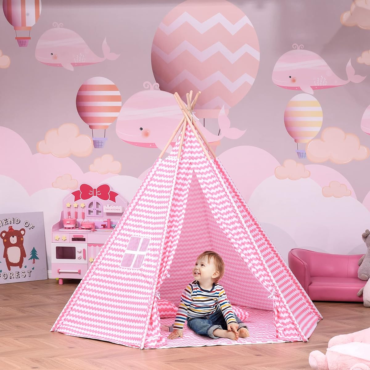 Qaba Kids Teepee Tent, Toddler Play Tent with Mat, Pillow, Observation Window and Carry Bag, Indoor/Outdoor Playhouse