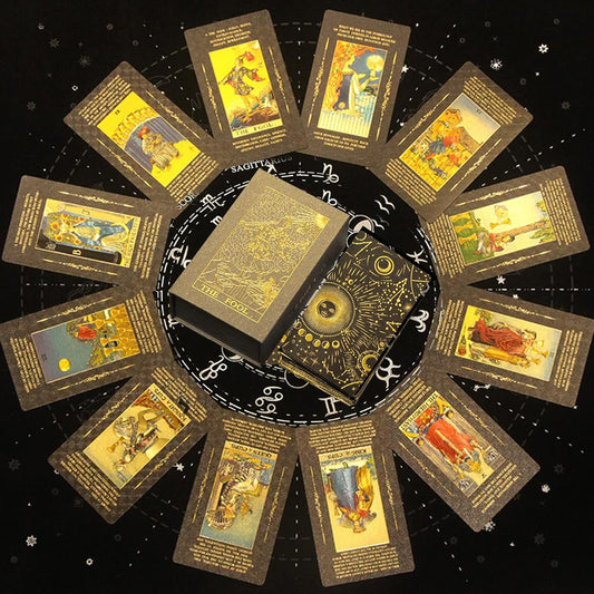 ALVBELLS Tarot Cards with Guidebook for Beginners Waterproof Black Gold Foil Anti-Wrinkle PVC Holographic Tarot Card Deck with Guidebook and Tarot Box for Fortune Telling Players (Black Gold, Retro Box)