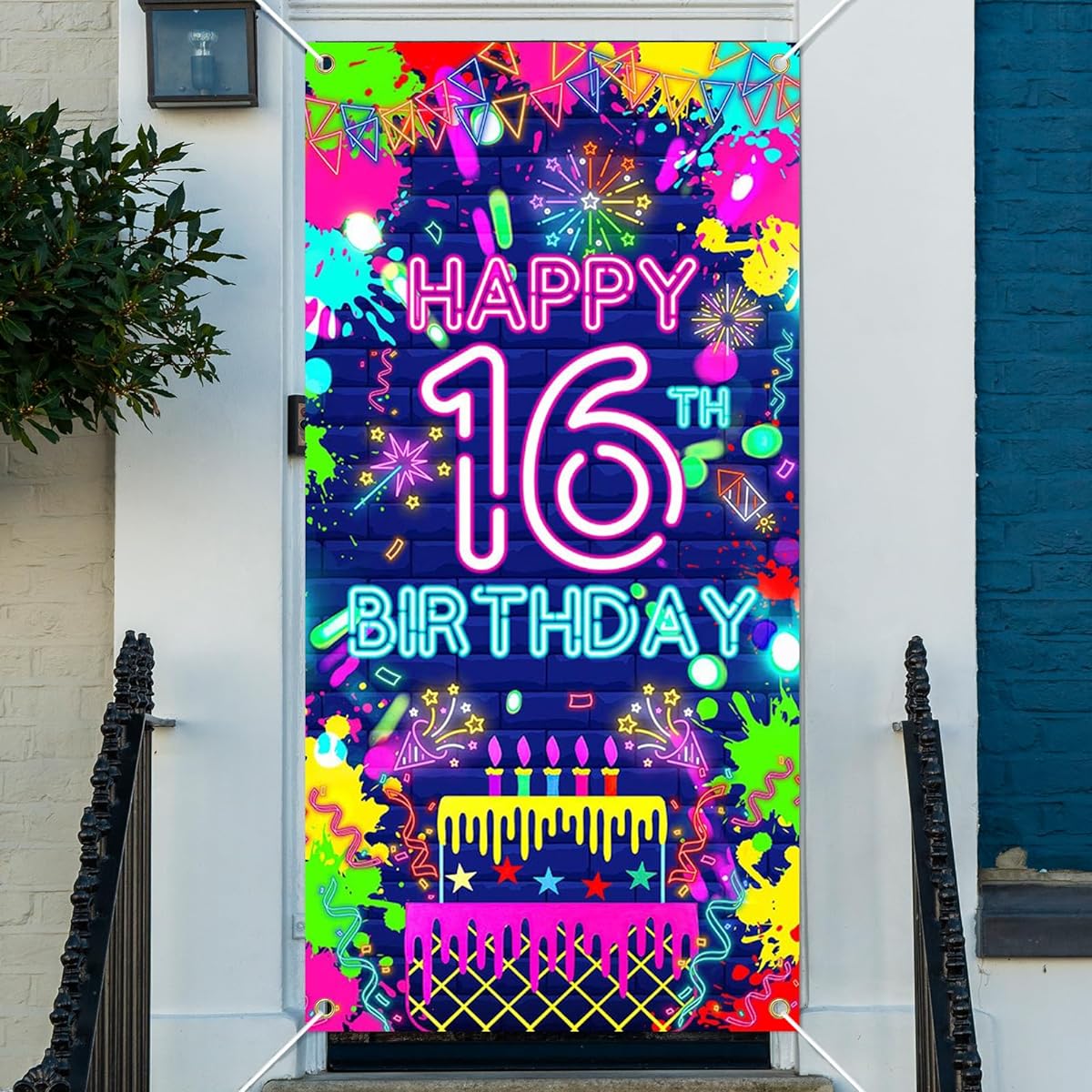 Avezano Happy 16th Birthday Door Cover Glow Neon Birthday Banner Neon Glittery Birthday Door Banner Glow in the Dark Sweet 16th Birthday Party Decorations