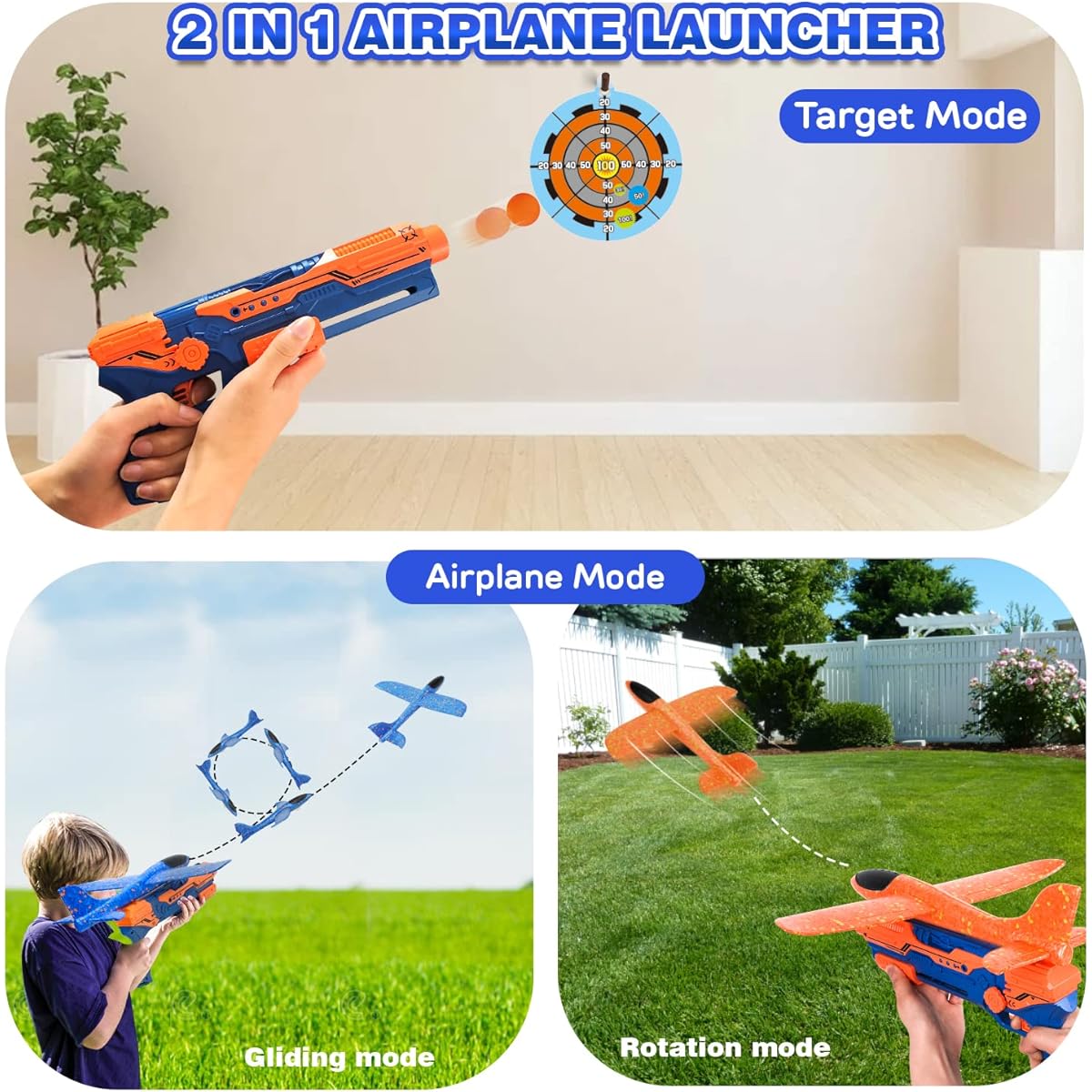 TOY Life Airplane Launcher Toy Foam Airplane Glider for Kids 2 Pack Airplane Gun Launcher Airplane Launcher 2 Flight Modes Catapult Shooting Game for Kids Digital Shooting Target for Boys