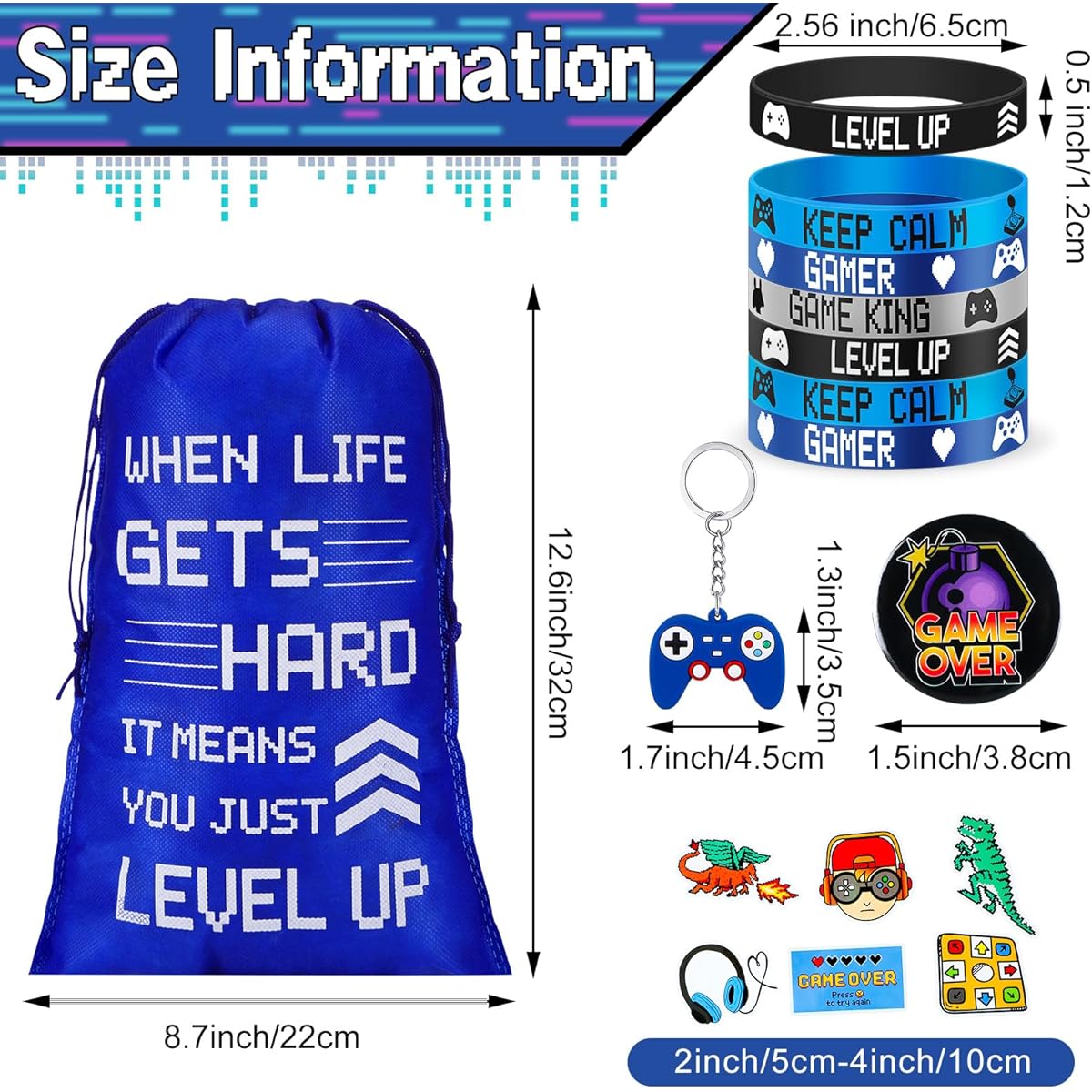 Video Game Party Favors Party Supplies Party Favor Bags with Drawstring Bracelets Video Game Controller Keychains Button Pins Game Stickers for Kids Gamer Birthday Decorations (Cool Style, 122 Pieces)