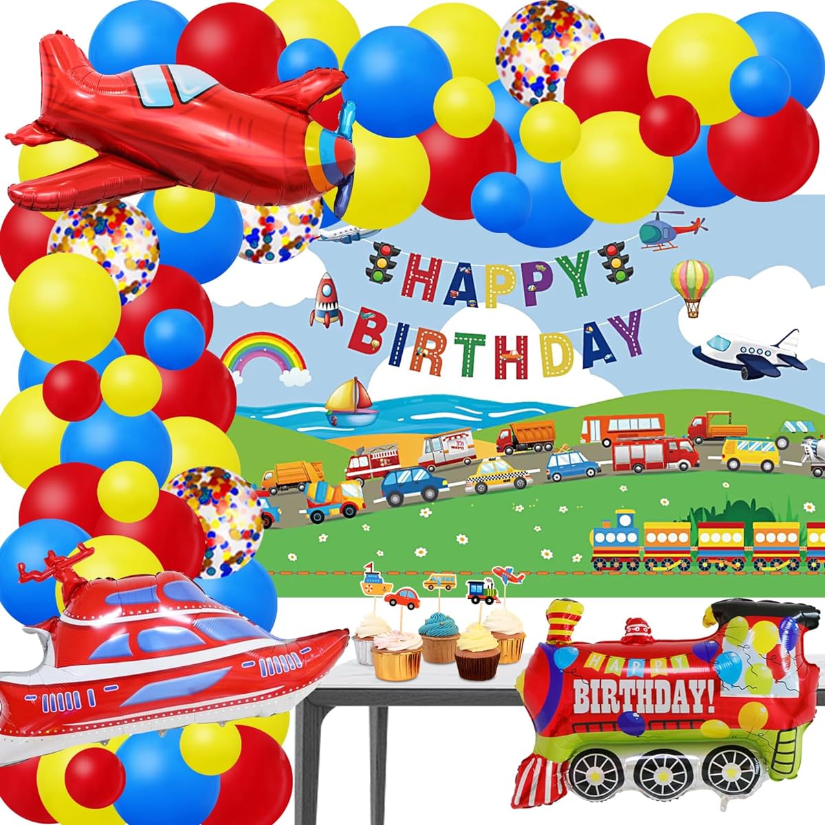 Transportation Birthday Party Decorations for Boys Happy Birthday Banner Car School Bus Train Motorcycle Airplane Foil Balloons Transport Vehicle Theme Birthday Party Supplies