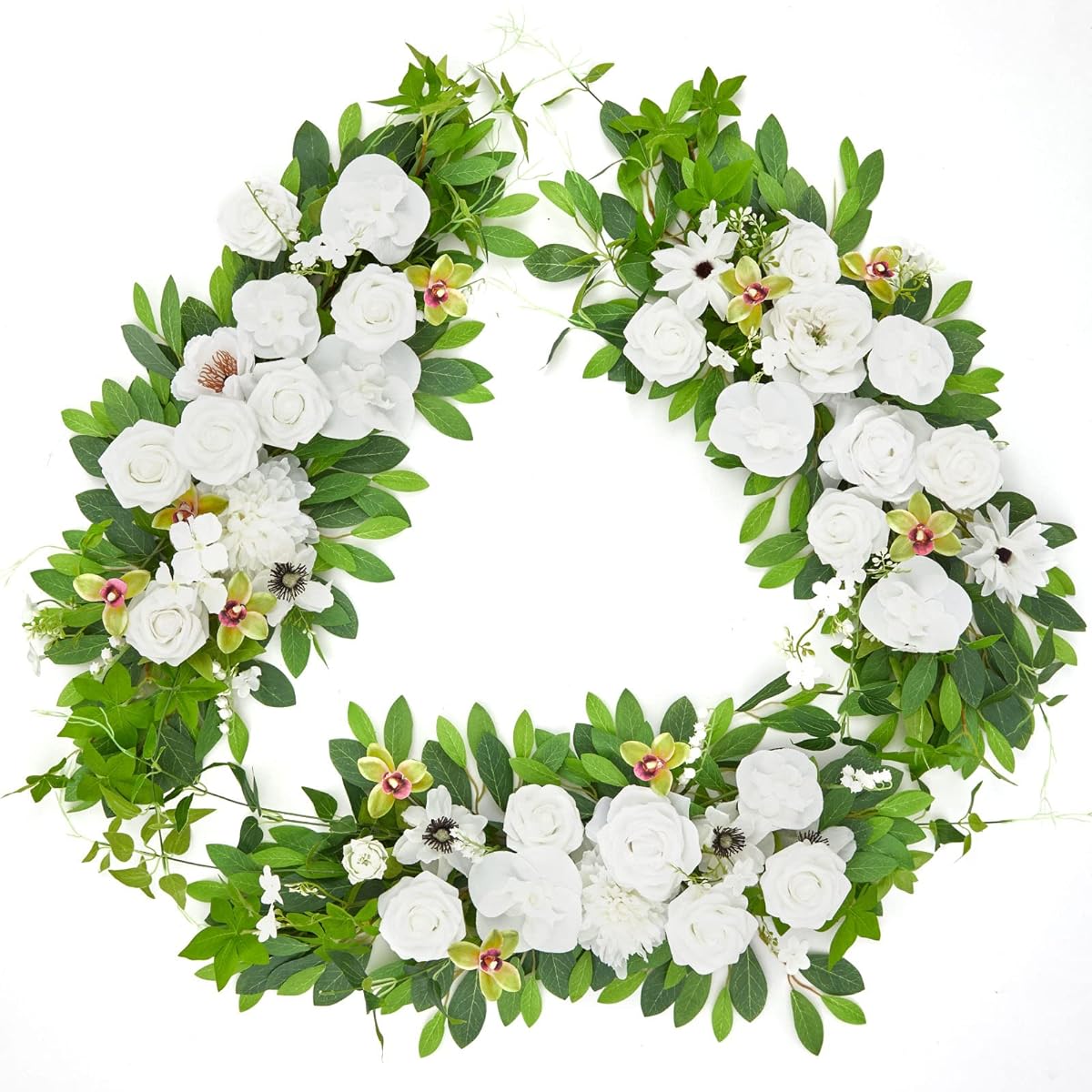 TINGE TIME 5ft Maple Leaf Wreath 3pcs Flower Garland Handcrafted Artificial Rose Garland for Arch Wedding Table Ceremony Welcome Backdrop Fall Decorations for Home (Virgin White)