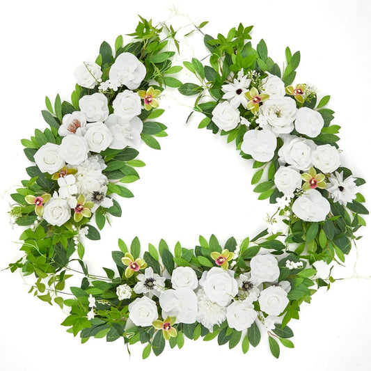 TINGE TIME 5ft Maple Leaf Wreath 3pcs Flower Garland Handcrafted Artificial Rose Garland for Arch Wedding Table Ceremony Welcome Backdrop Fall Decorations for Home (Virgin White)