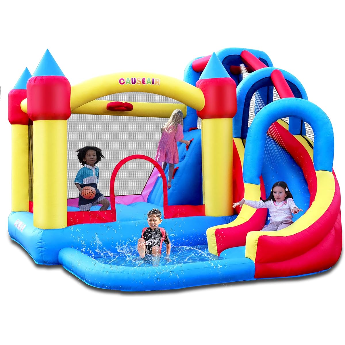 Causeair Giant Inflatable Bounce House with Water Slide, Wet & Dry Use, Basketball Hoop, Climbing Wall, Heavy Duty GFCI Blower, Bouncy Castle, Ball Pit