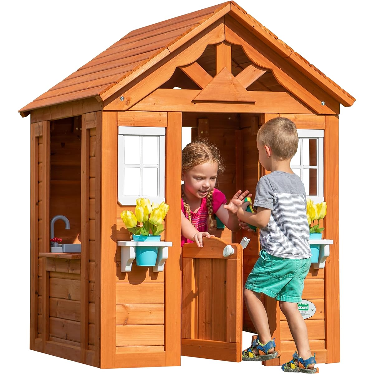 Backyard Discovery Timberlake All Cedar Wood Playhouse, Country Cottage, Sink, Stovetop, White Trim Window, Kitchen with Sink and Stovetop, Flower Pot Holder, Ages 2-6